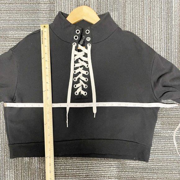 DIVIDED Black Cropped Lace Up Mock Neck Pullover Sweater Shoelace size S - Picture 6 of 9